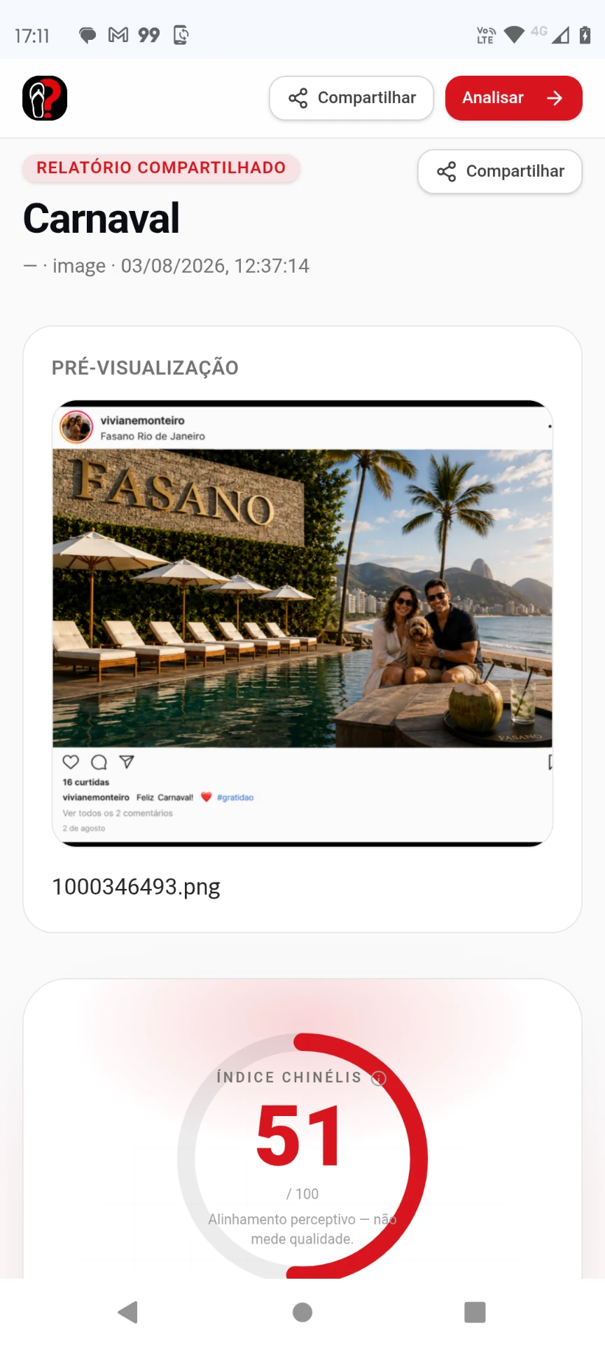Relatório CHINÉLIS do post do casal com Índice CHINÉLIS 51 de 100